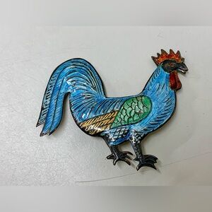 Mid Century Vintage Colorful Enameled Sterling Silver Rooster Pinback Brooch